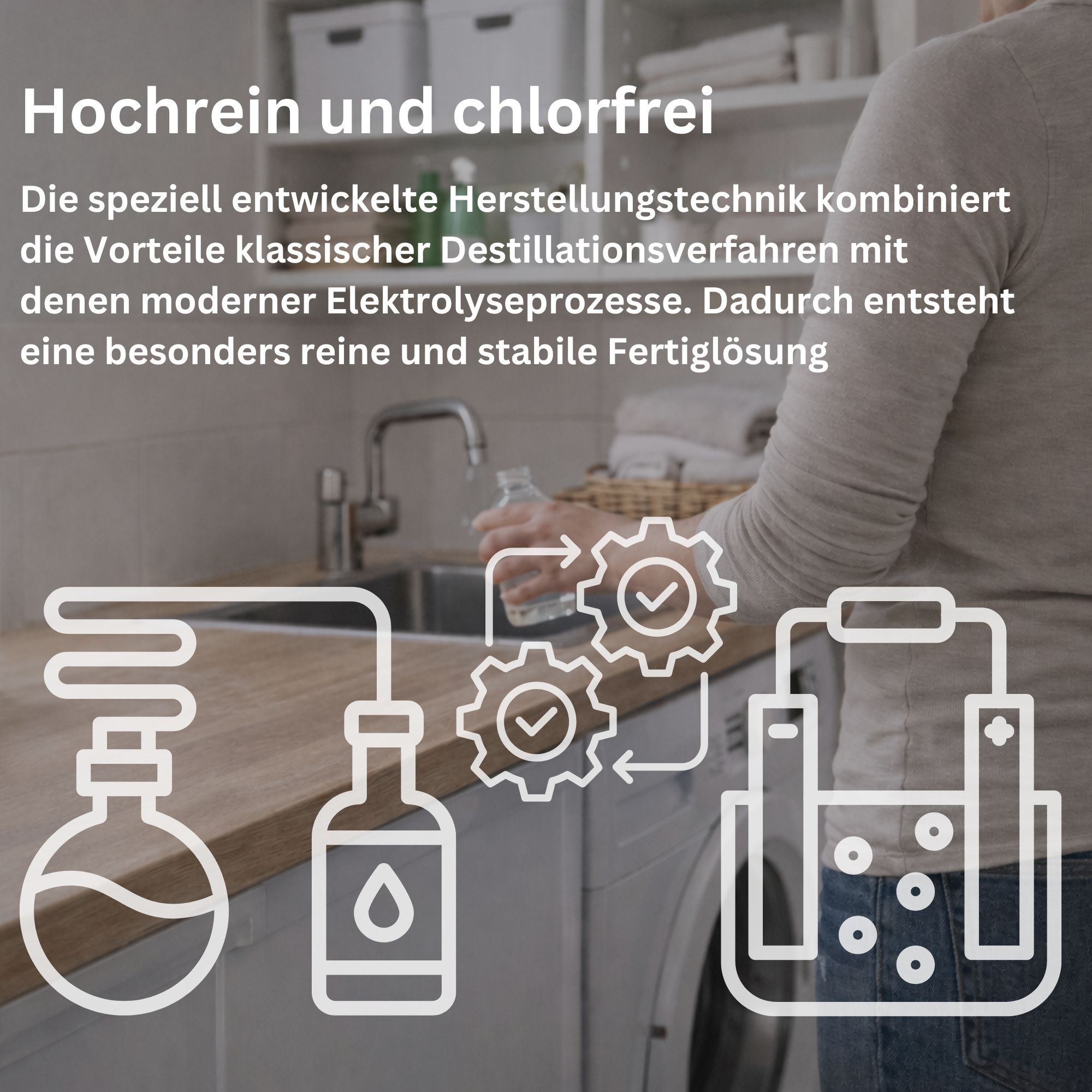 Grafische Darstellung der Herstellung. Text: Hochrein und chlorfrei. Abbildung von Destillations- und Elektrolyseprozessen. Person im Hintergrund.