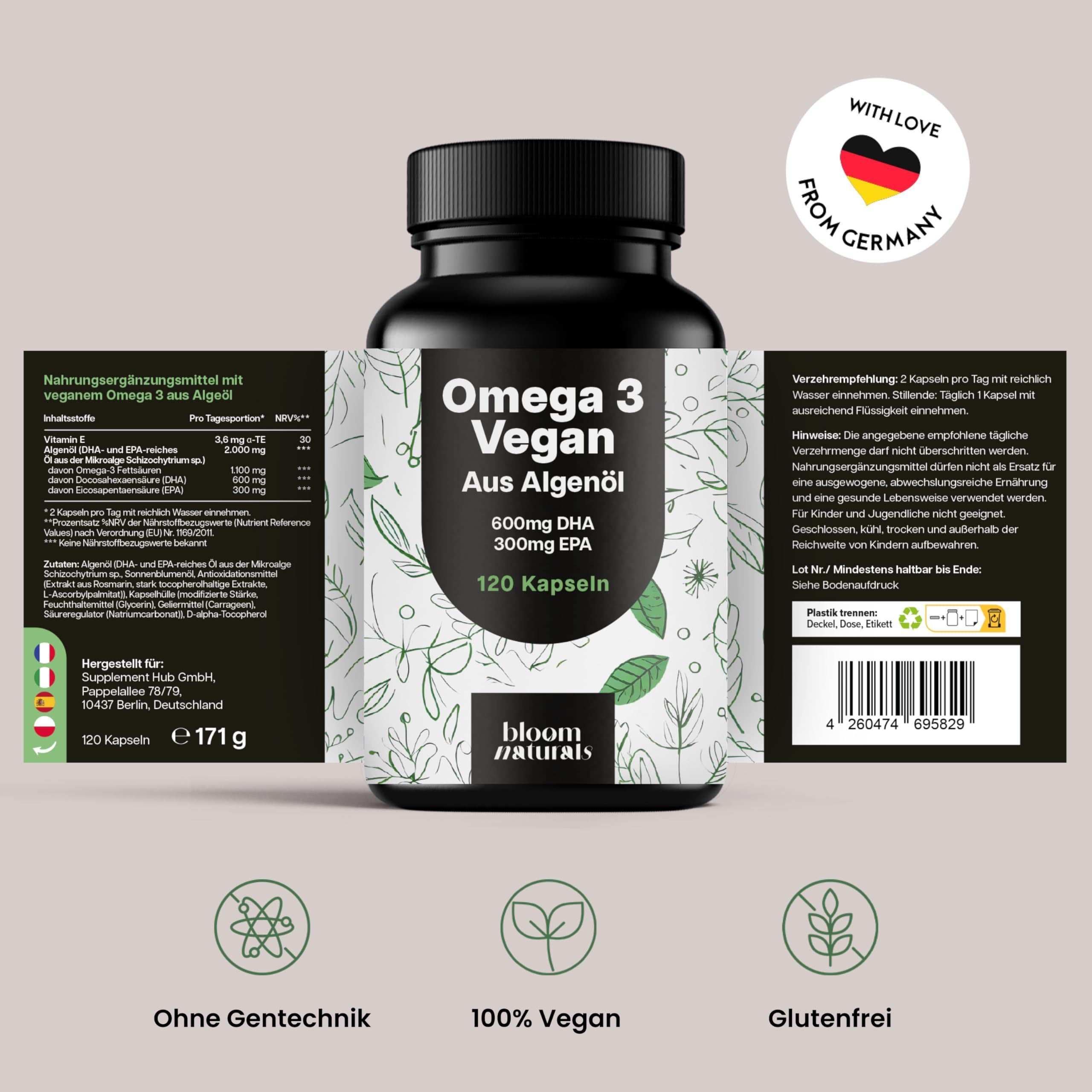 Omega 3 Vegan Algenöl Kapseln, 120 Stück, 600mg DHA, 300mg EPA. Ohne Gentechnik, 100% Vegan, Glutenfrei.
