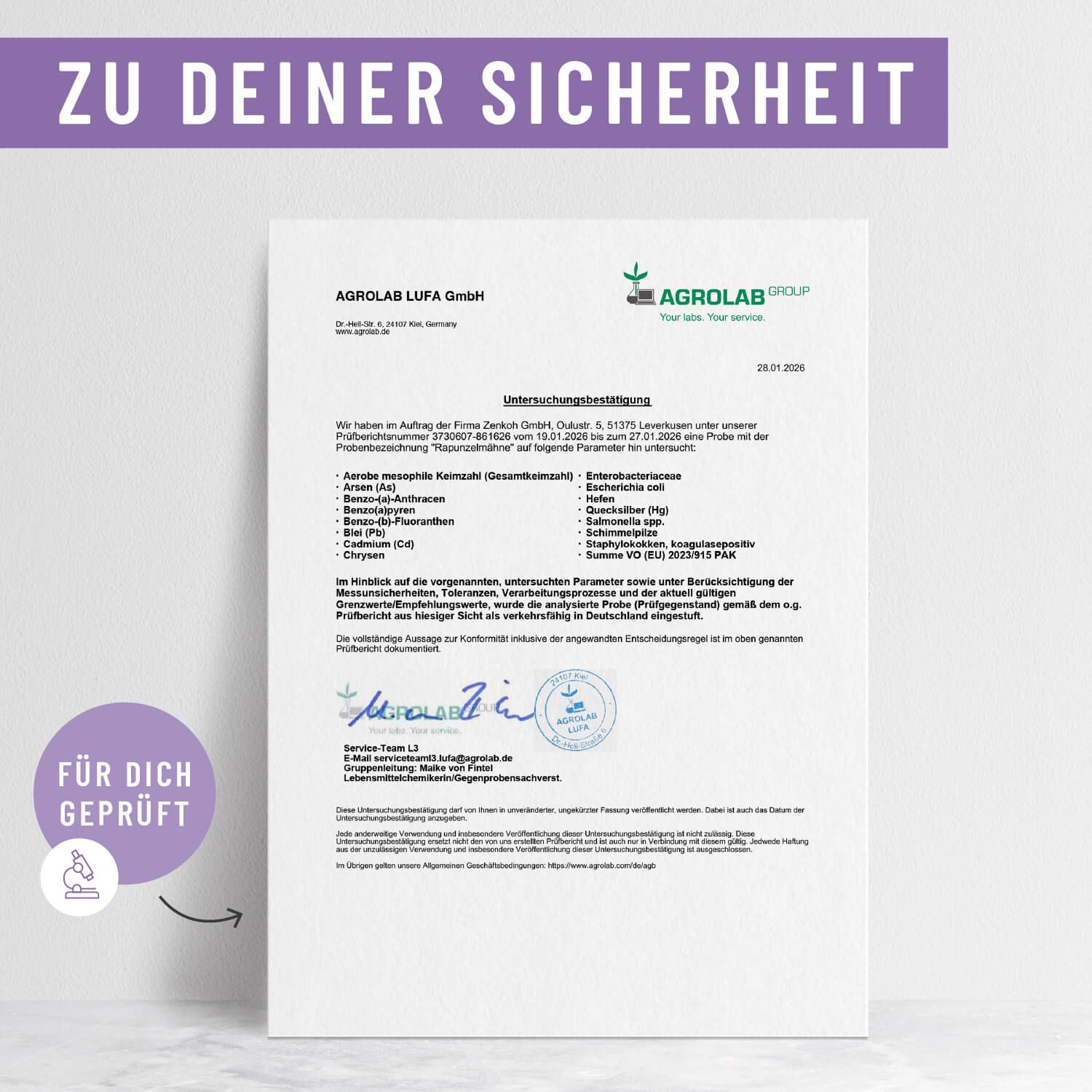 Prüfzertifikat für den Haarwuchsmittel-Komplex mit Siegel 'Für Dich geprüft'.