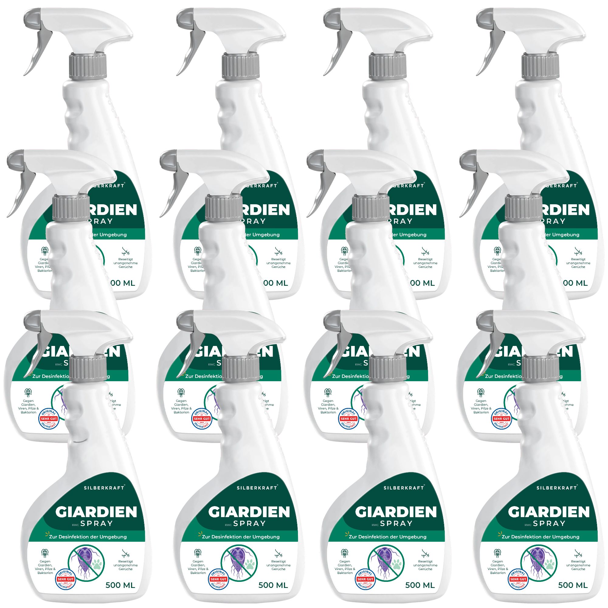 Mehrere Sprühflaschen SILBERKRAFT Giardienspray. Weiße Flaschen mit grünem Etikett und Sprühkopf. Aufschrift: GIARDIEN-SPRAY.