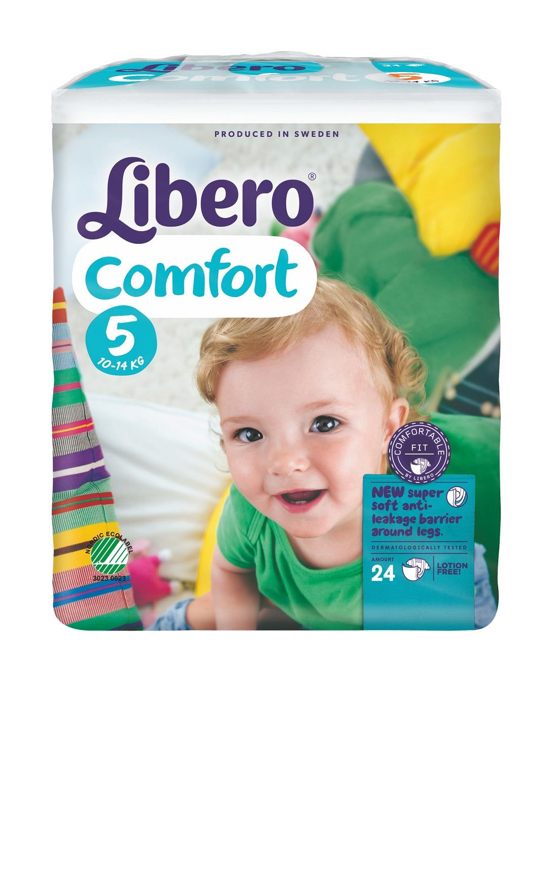Packung Libero Comfort Windeln, Größe 5. Mit Babyfoto. Enthält 24 Windeln. Mit weichem Auslaufschutz. Dermatologisch getestet.