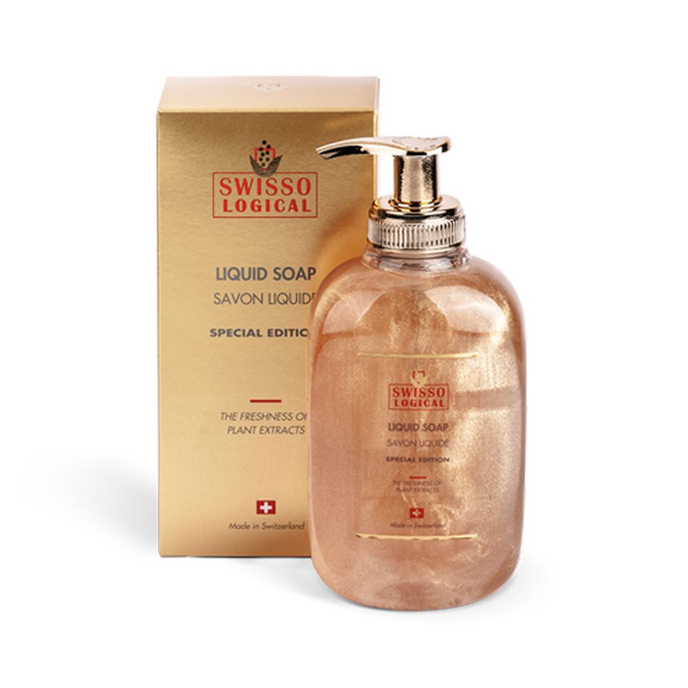 Flüssigseife mit goldenem Schimmer und Karton. Goldener Pumpkopf. Text: Swisso Logical, Liquid Soap, Savon Liquide, Special Edition.