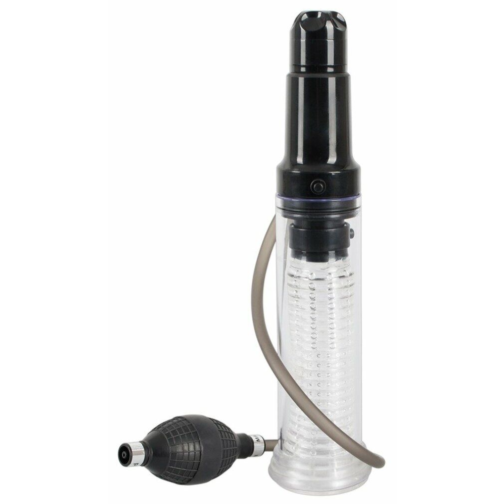 Pumpe mit transparentem Zylinder, schwarzem Kopf und Pumpe. Schlauch verbindet Zylinder und Pumpe.