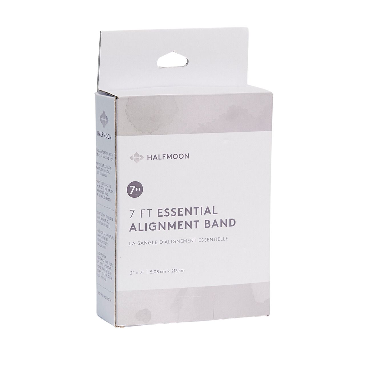Verpackung mit Aufschrift '7 FT ESSENTIAL ALIGNMENT BAND'. Marke: HALFMOON. Weißer Karton mit Produktinformationen und Logo.