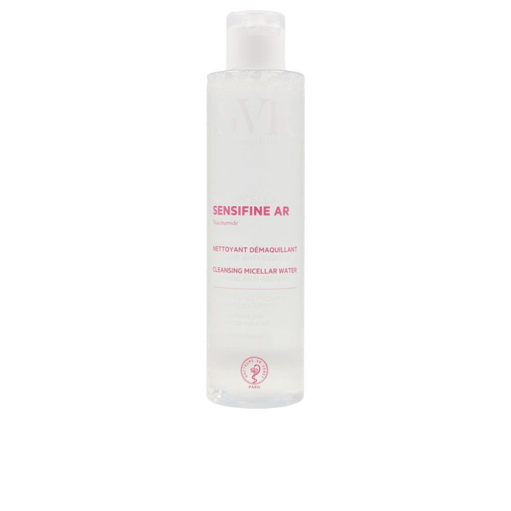 SVR Sensifine AR Mizellenwasser. Weiße Kappe, transparente Flasche. Rosa Schrift. Aufschrift: Sensifine AR.