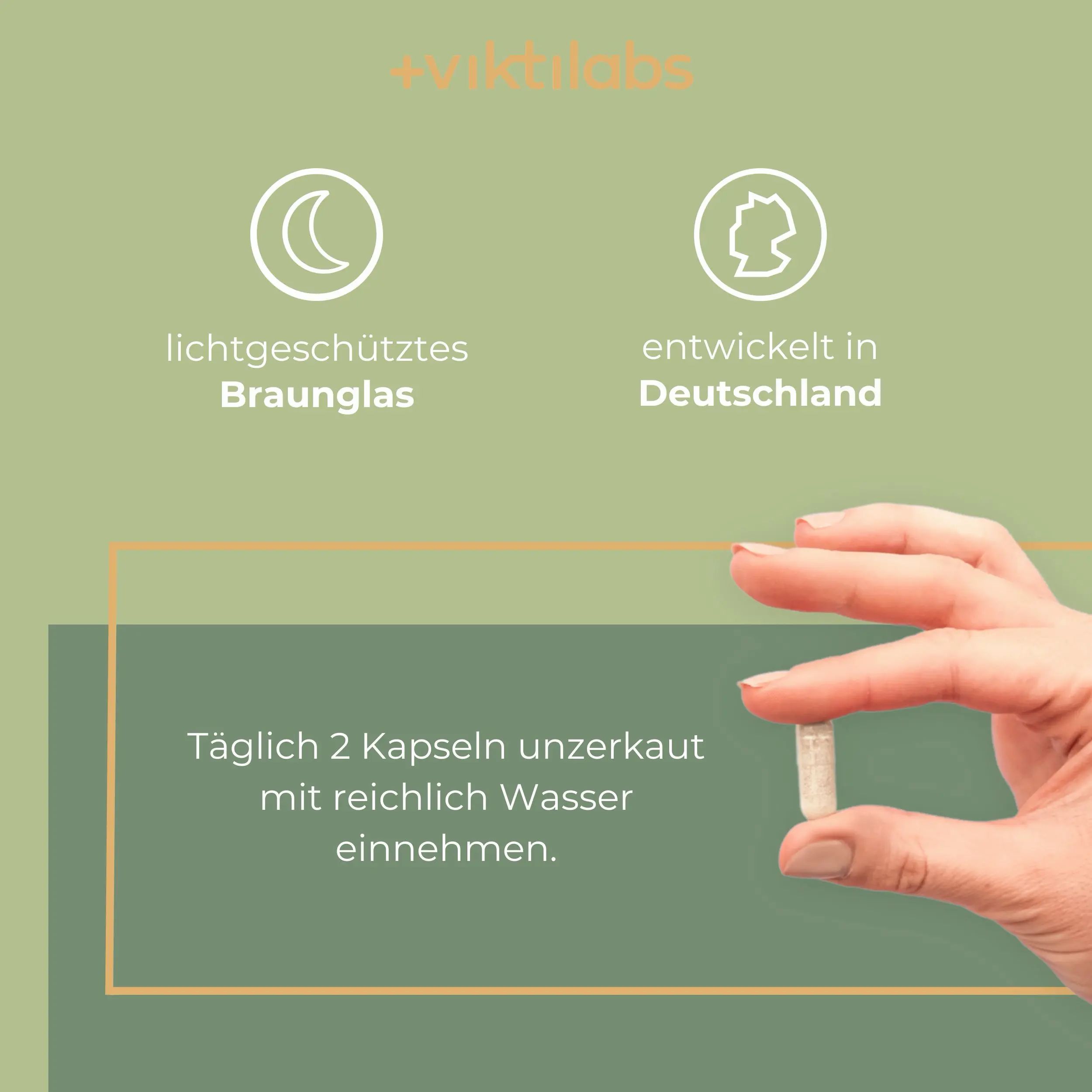 Symbole für lichtgeschütztes Braunglas und Entwicklung in Deutschland. Hand hält eine Kapsel.