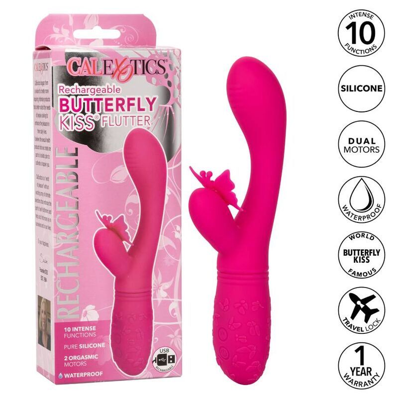 Rosa Vibrator mit Schmetterlingsdesign. Verpackung mit Produktnamen und Markennamen. Weißer Hintergrund.