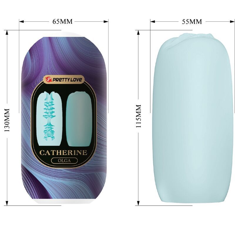 Verpackung und Produkt. Verpackung mit Produktabbildung und Text: PRETTY LOVE, CATHERINE, OLGA. Produkt: hellblau, länglich.