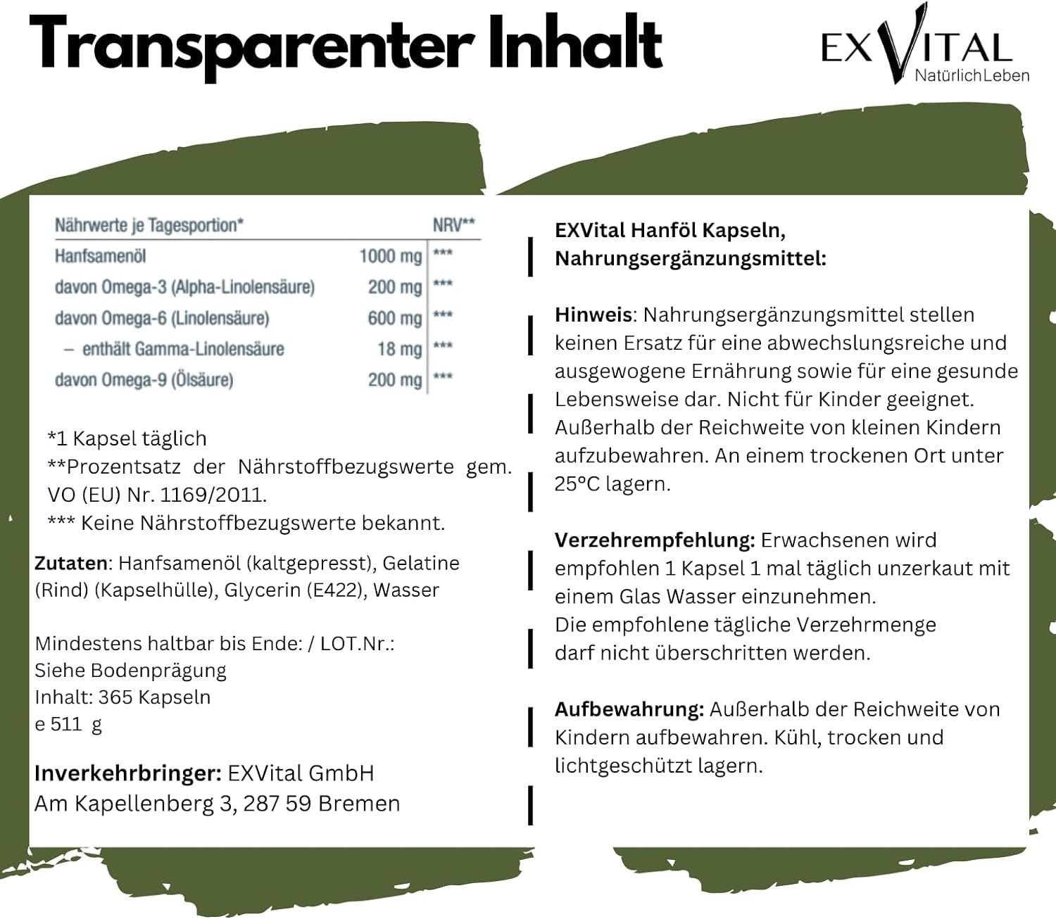 EXVital® Hanföl Kapseln hochdosiert mit 1000mg Hanfsamenöl, Omega 3 und 6 511 g