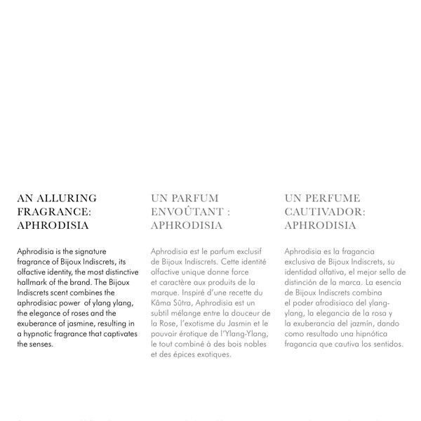 Textabschnitte in Englisch, Französisch und Spanisch. Titel: An Alluring Fragrance: Aphrodisia, Un Parfum Envoûtant: Aphrodisia, Un Perfume Cautivador: Aphrodisia.