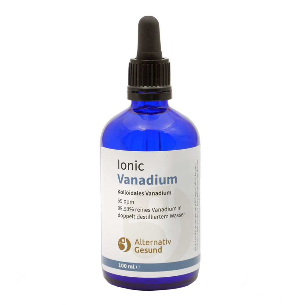 Blaue Glasflasche mit Tropfer. Beschriftung: Ionic Vanadium, Kolloidales Vanadium, 59 ppm, Alternativ Gesund. 100 ml.