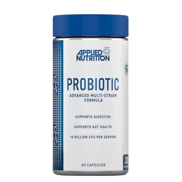 Zylinderförmige Flasche mit blauem Deckel. Aufschrift: Applied Nutrition, Probiotic, 60 Kapseln. Grün-Zertifizierungssymbol.