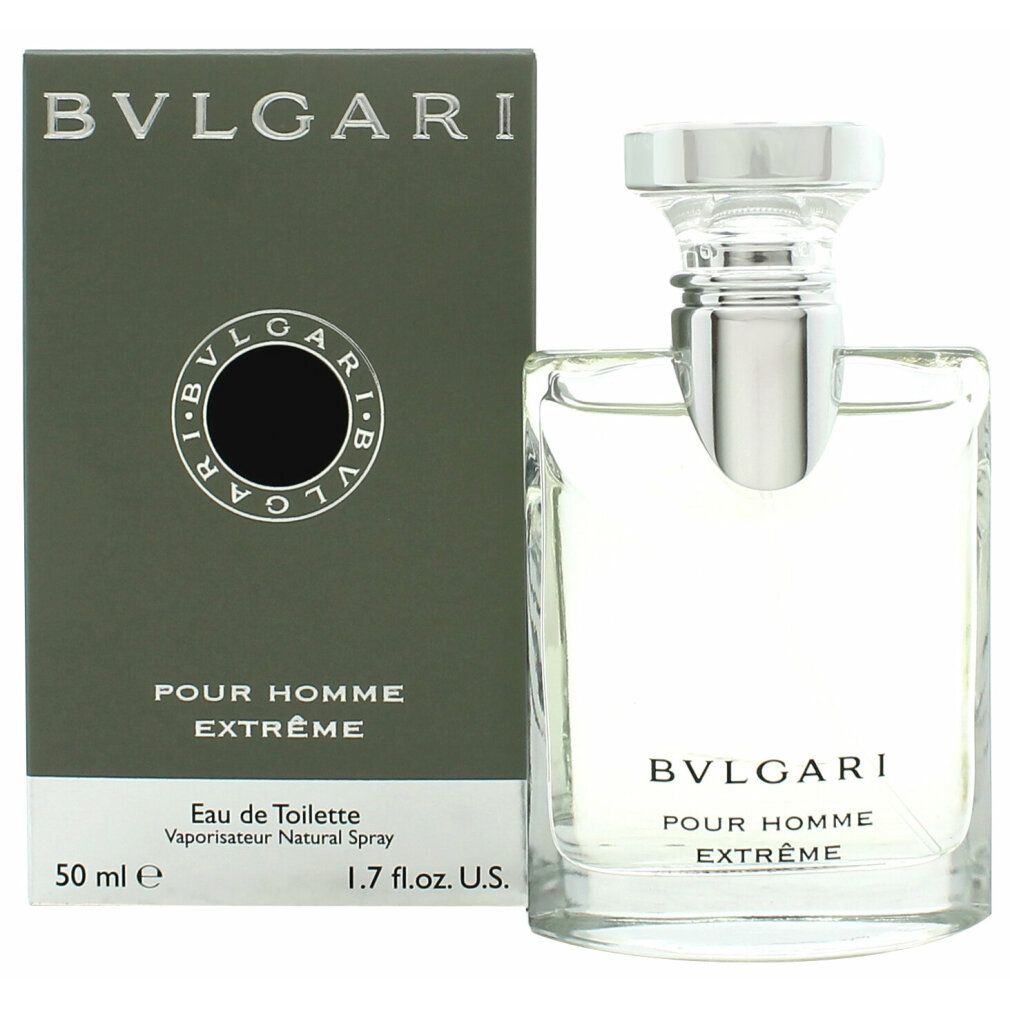 Eine Flasche Bvlgari Pour Homme Extrême Eau de Toilette mit Verpackung. Flasche mit silbernem Verschluss, grüne Verpackung.