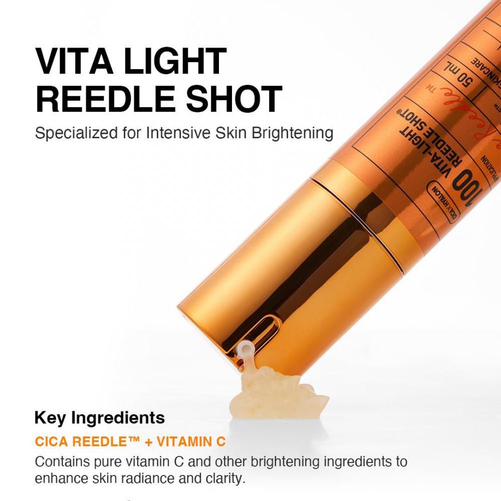 Goldfarbene Flasche "VITA LIGHT REEDLE SHOT". Produkt wird auf die Haut aufgetragen.
