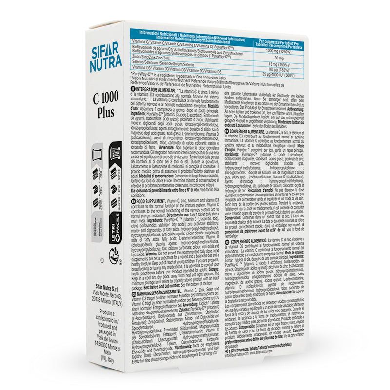 Rückseite der Schachtel "Sifar Nutra C 1000 Plus". Text in mehreren Sprachen. Enthält Informationen zu Inhaltsstoffen und Nährwerten.