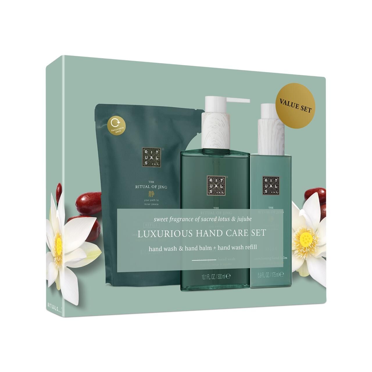 Geschenkset mit Handwaschmittel, Handbalsam und Nachfüllpackung. Grüne Flaschen mit weißen Pumpen. Aufschrift: Rituals.