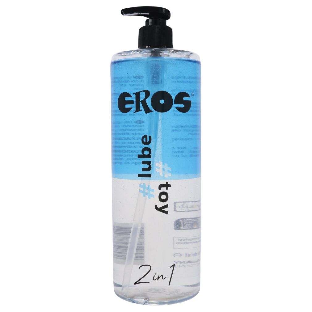 Transparente Flasche mit blauem Etikett. Aufschrift: EROS, #lube, #toy, 2in1. Schwarzer Pumpverschluss.