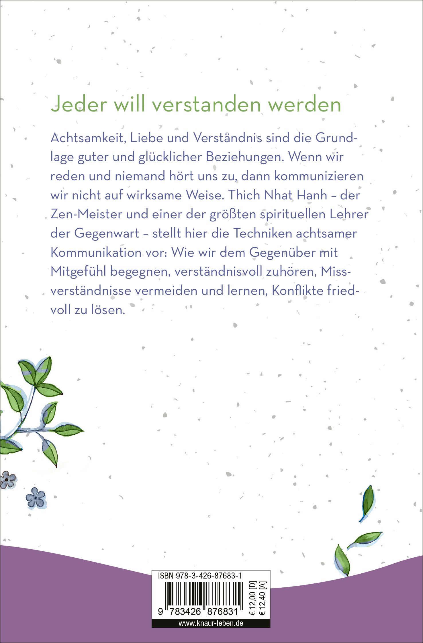Buchrückseite mit Text. Titel: Jeder will verstanden werden. ISBN und Preis. Verlag: Knaur.leben. Illustrationen von Blättern.