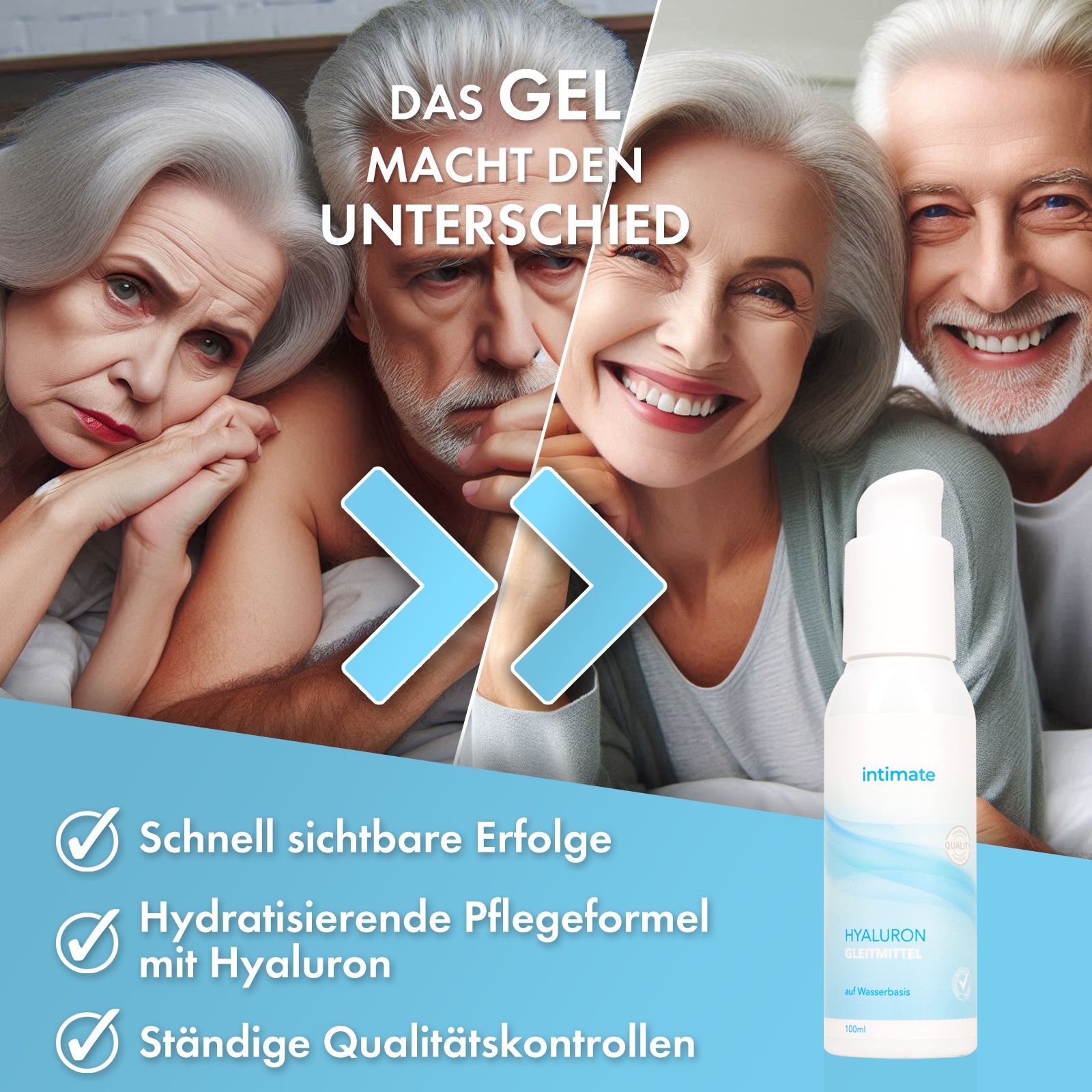 Flasche "INTIMATE Hyaluron Gleitmittel" neben einem Paar älterer Menschen, die lächeln.