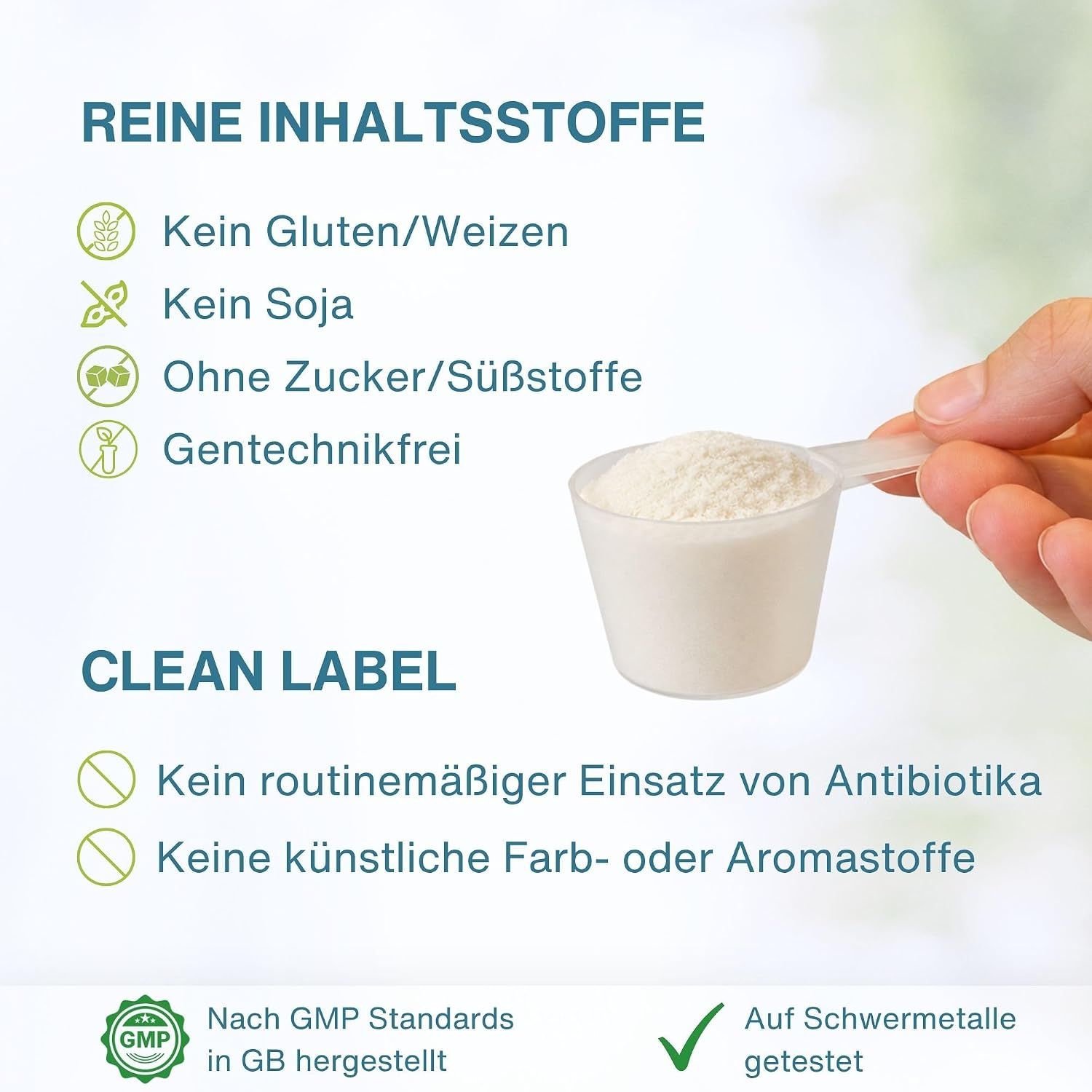 Kollagen-Pulver in einem Messlöffel, daneben Infoboxen zu Inhaltsstoffen.