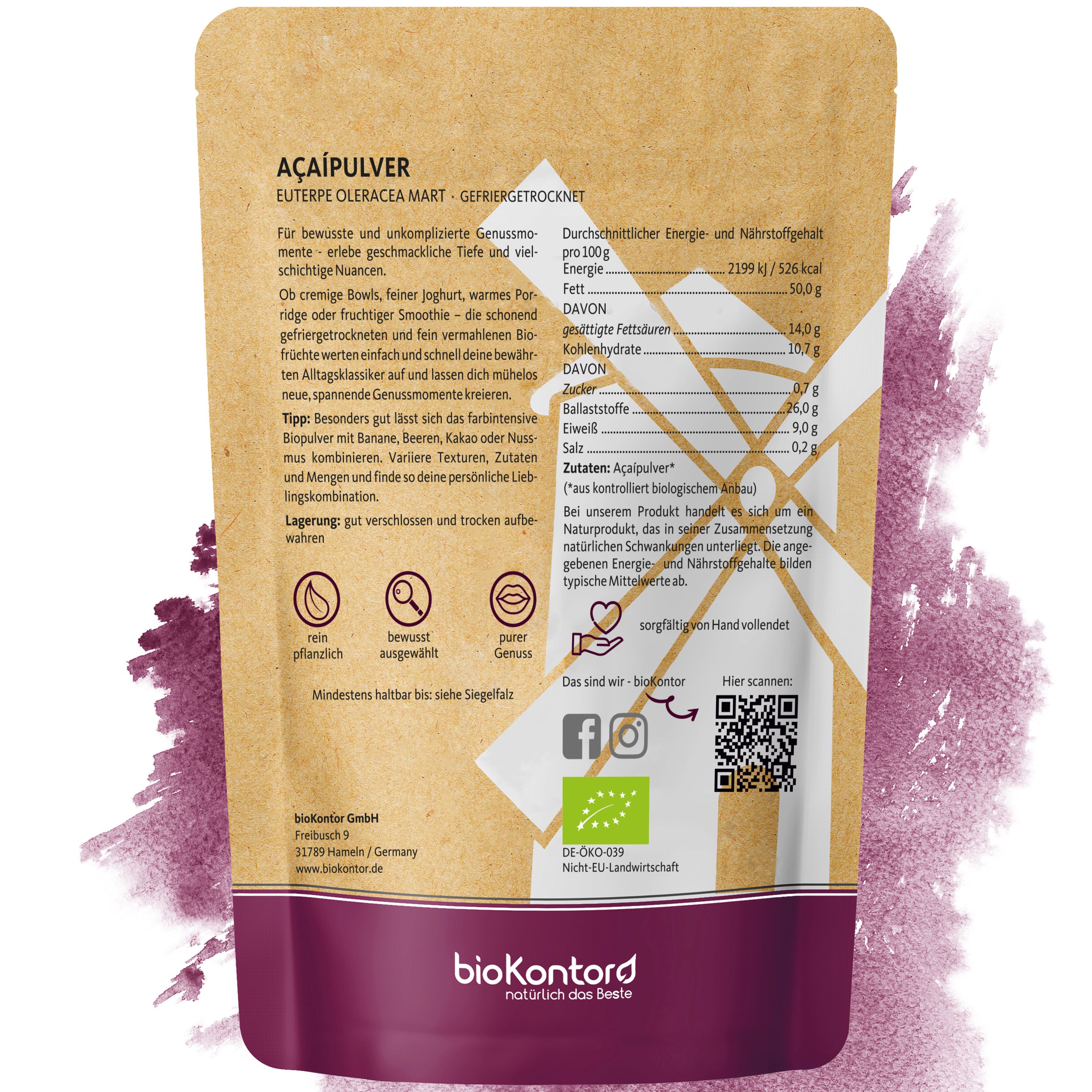 Rückseite eines Beutels Bio Açaí Pulver mit Nährwertangaben, Bio-Siegel und Produktinformationen.