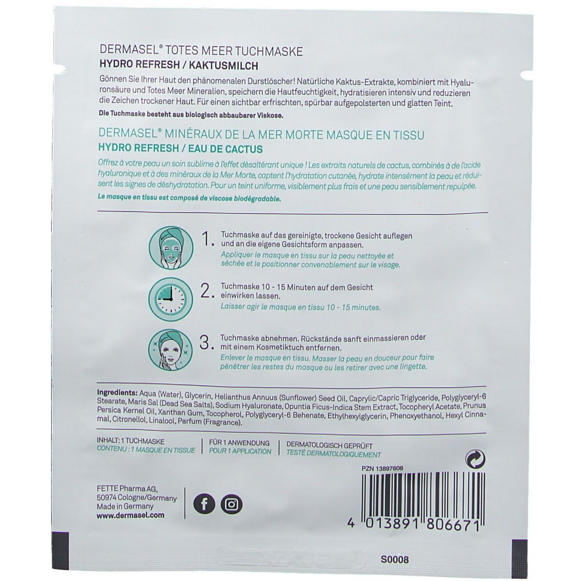 DERMASEL® Totes Meer Tuchmaske Kaktusmilch