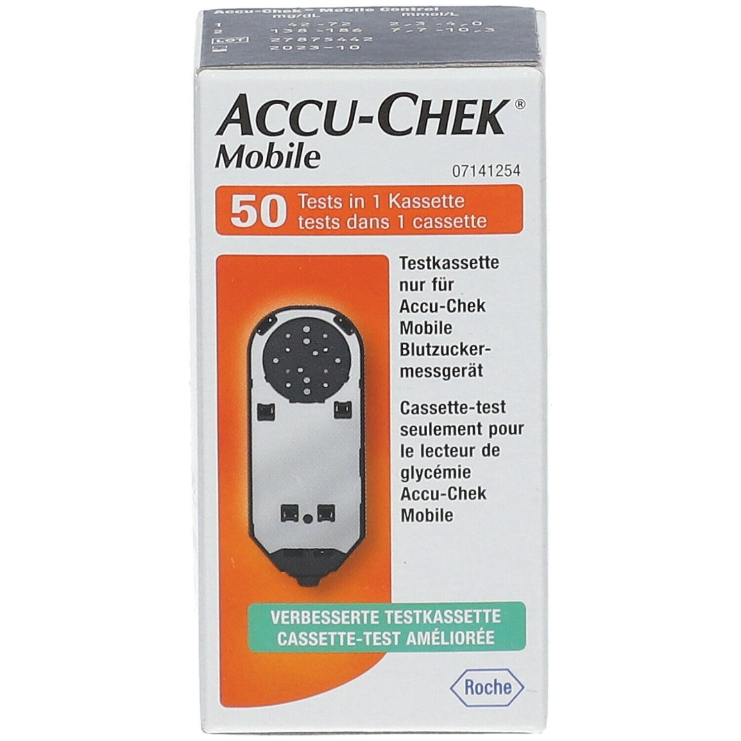 ACCU-CHEK Mobile Testkassetten-Verpackung. Enthält 50 Tests. Produktname und Logo deutlich sichtbar. Orangefarbener Streifen mit Produktinformationen.