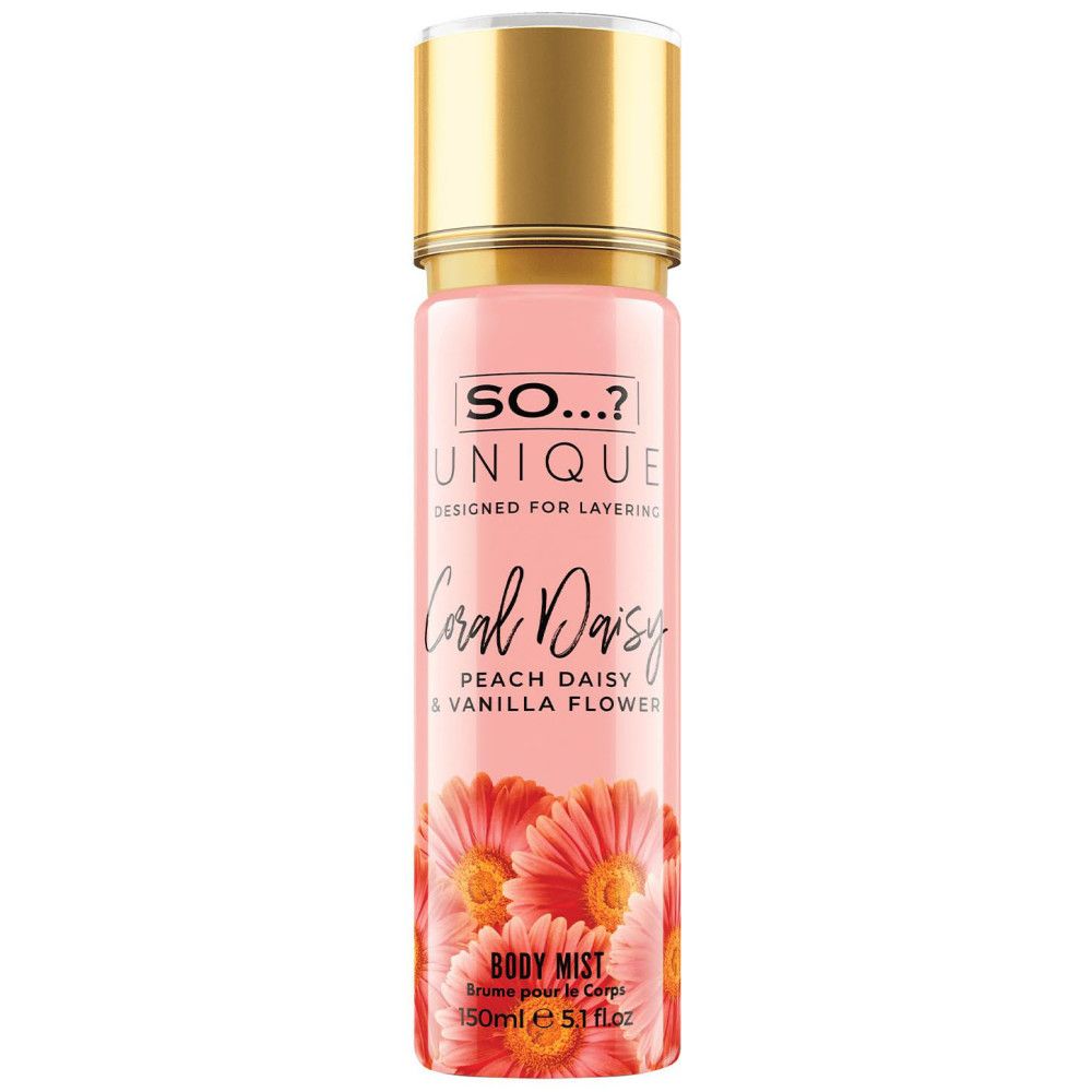 Rosa Körperspray mit goldener Kappe. Aufschrift: So...? Unique Coral Daisy. Abbildung von Blüten. Text: Body Mist.