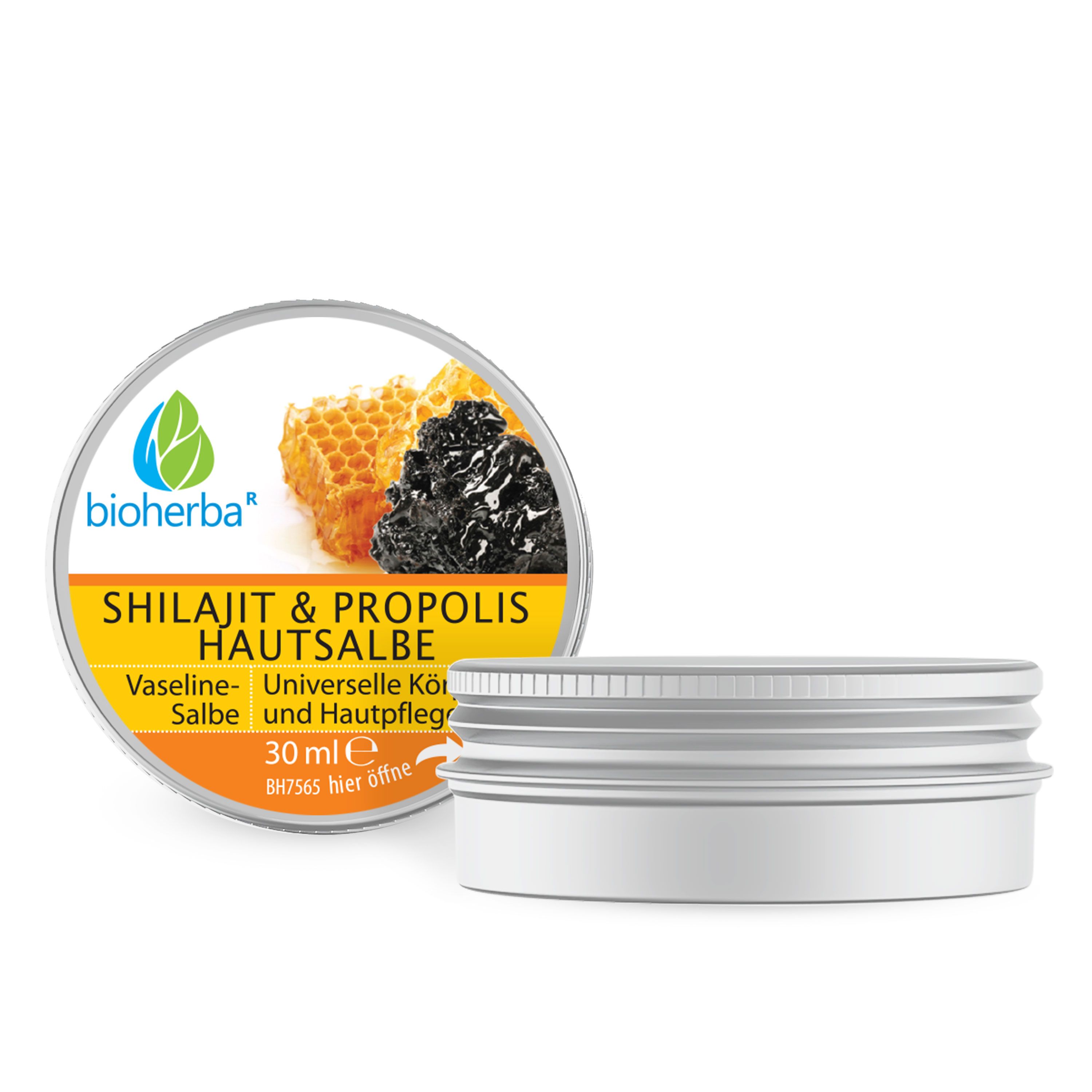 Dose mit Aufschrift "SHILAJIT & PROPOLIS HAUTSALBE". Gezeigt werden Honigwabe und Propolis. Dose mit Schraubverschluss, 30 ml.