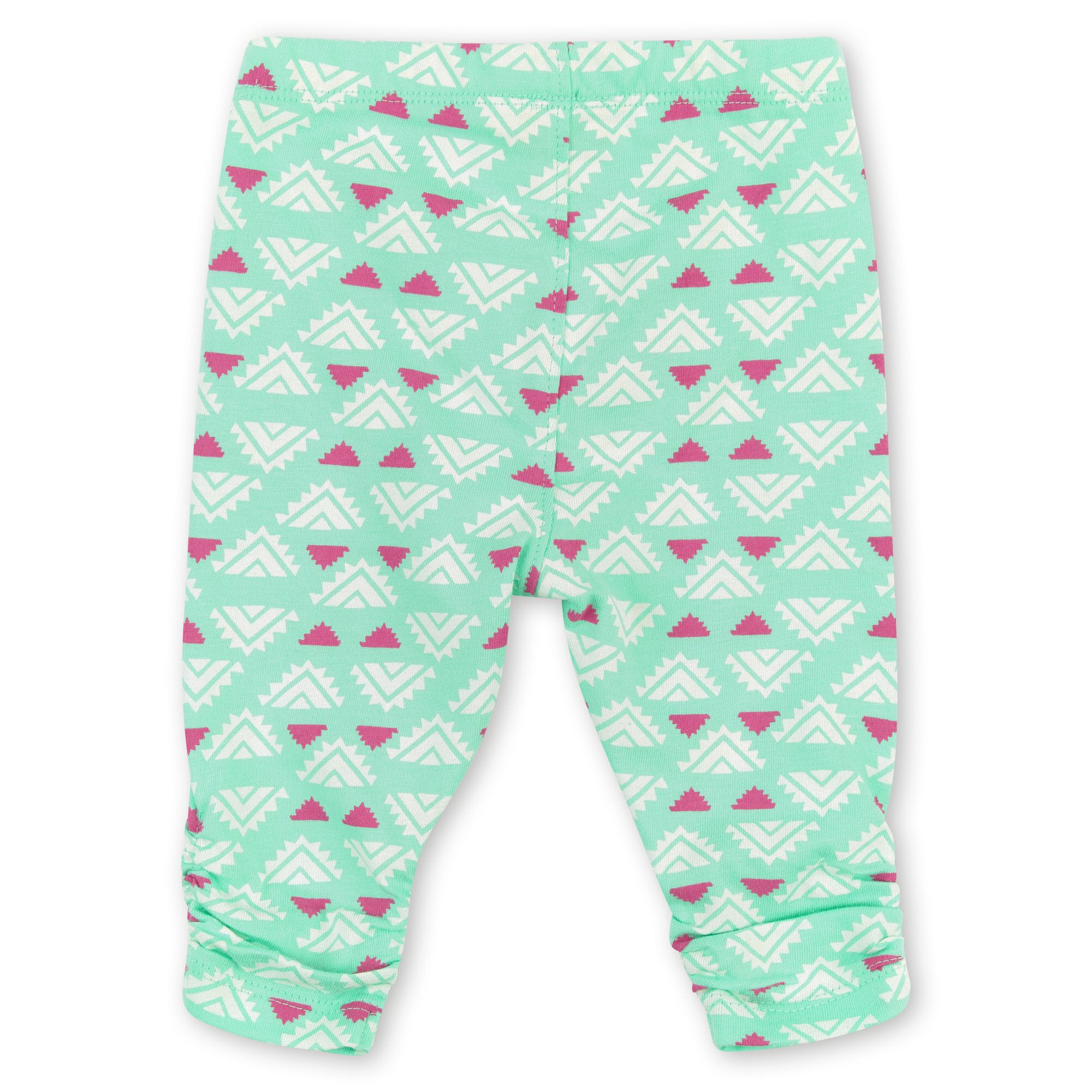 Hellgrüne Baby-Leggings mit weißem und pinkfarbenem Muster. Gerüschter Saum. Auf weißem Hintergrund.