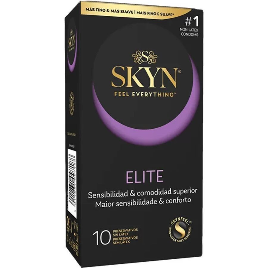 Schwarze Verpackung, SKYN Elite Kondome, 10 Stück. Text: "Sensibilidad & comodidad superior".