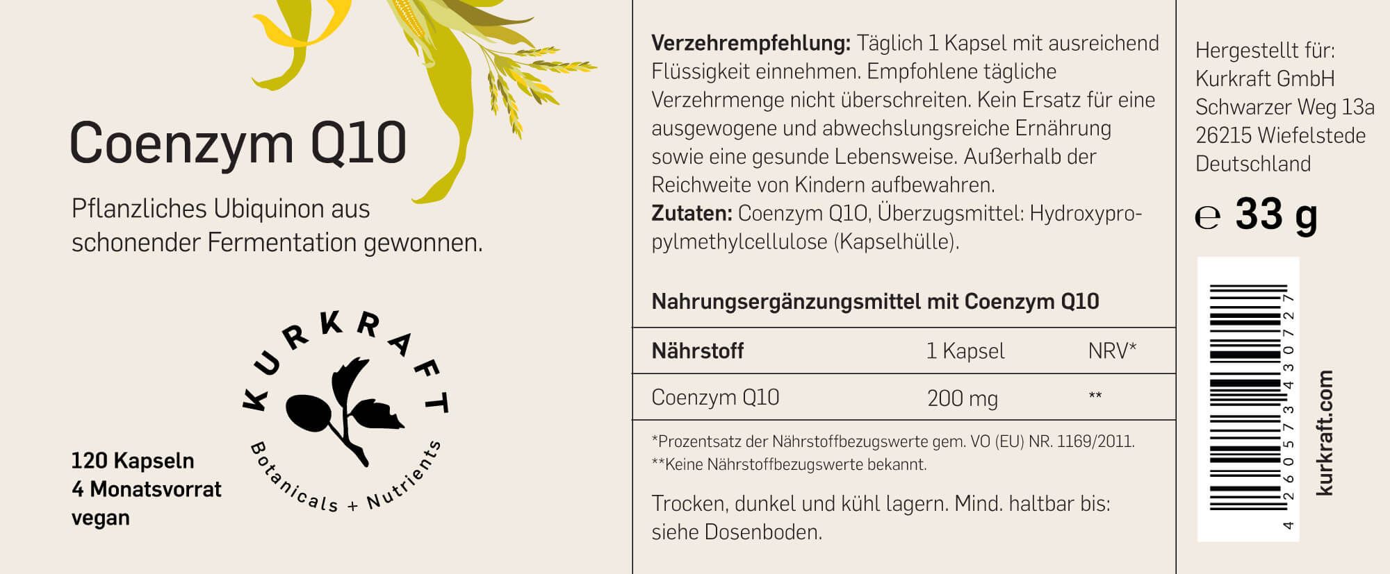 Etikett mit "Coenzym Q10" und Kurkraft Logo. Text: 120 Kapseln, 4 Monatsvorrat, vegan. Nährwertangaben pro Kapsel.