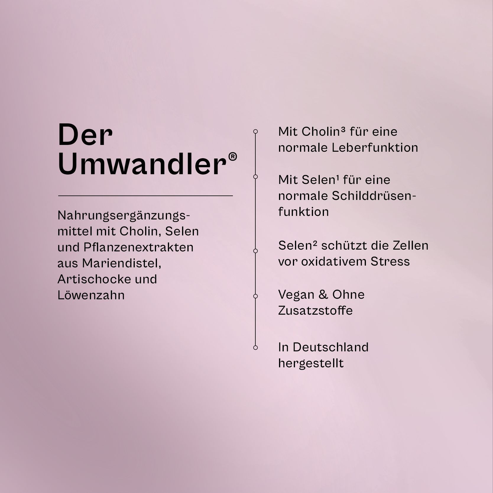 Text auf rosa Hintergrund: Der Umwandler®. Nahrungsergänzungsmittel mit Cholin, Selen und Pflanzenextrakten. Vegan & ohne Zusatzstoffe.