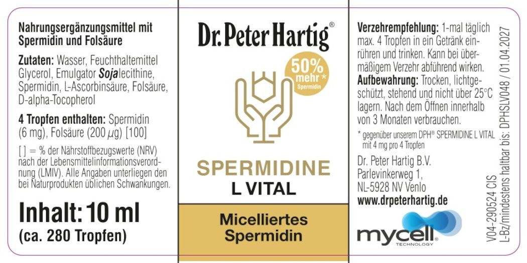 Braune Flasche mit Tropfer, Tropfen fallen heraus. Auf Steinen platziert, mit weißen Blüten. Produktname: Spermidine L Vital.