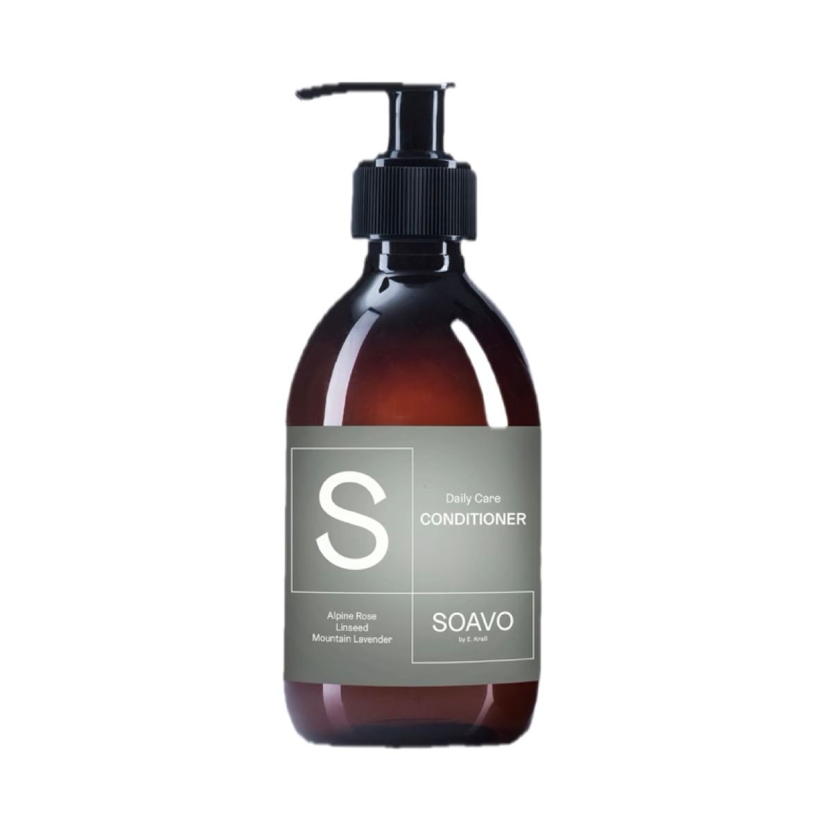 Braune Flasche mit schwarzem Pumpkopf. Auf dem Etikett steht "Daily Care CONDITIONER" und "SOAVO".