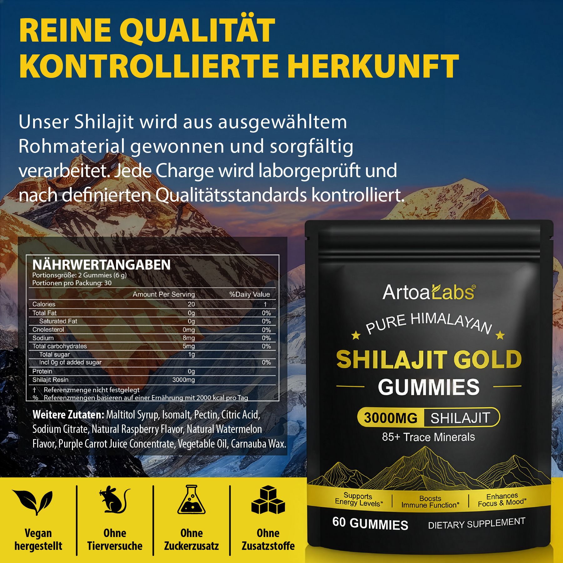 Nährwerttabelle und Zutatenliste. Schwarze Verpackung mit Produktinformationen. Text: ArtoaLabs, Shilajit Gold Gummies.