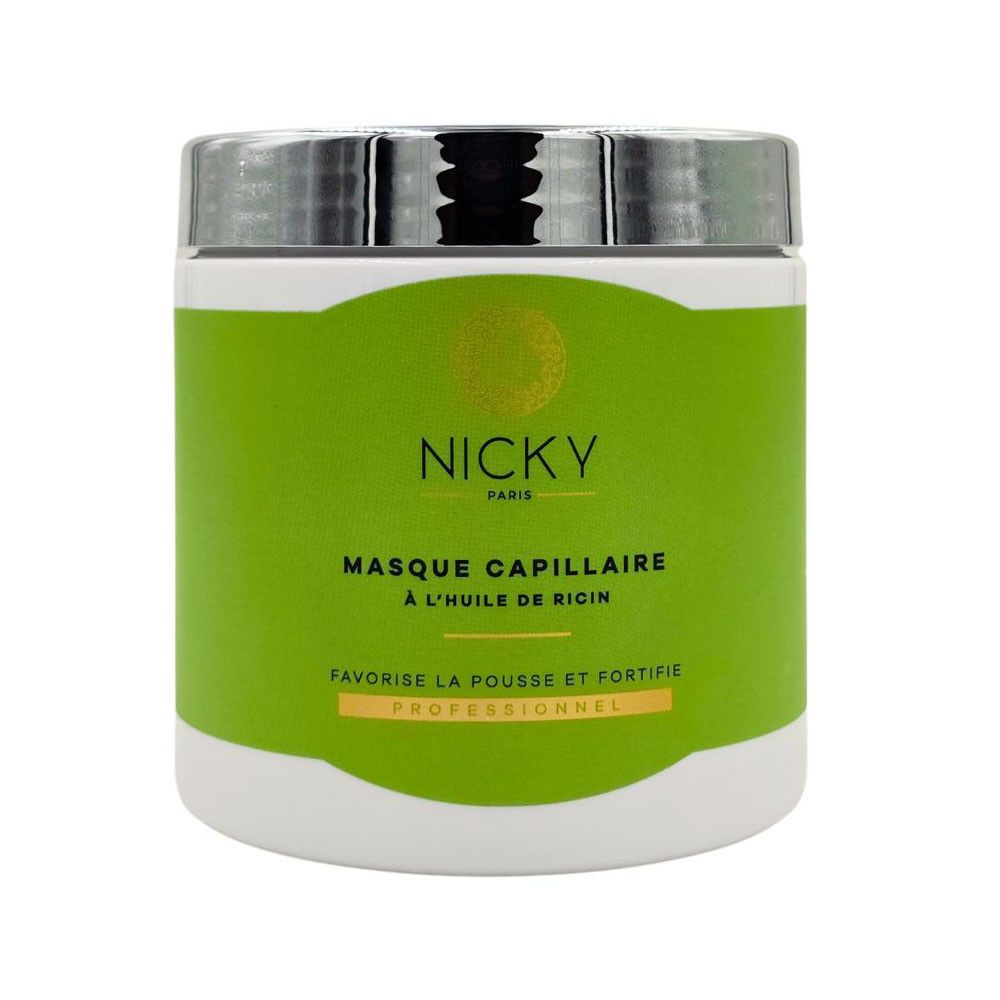 Runde Dose mit grünem Etikett. Aufschrift: Nicky Paris, Masque Capillaire à l'huile de ricin. Professionell.