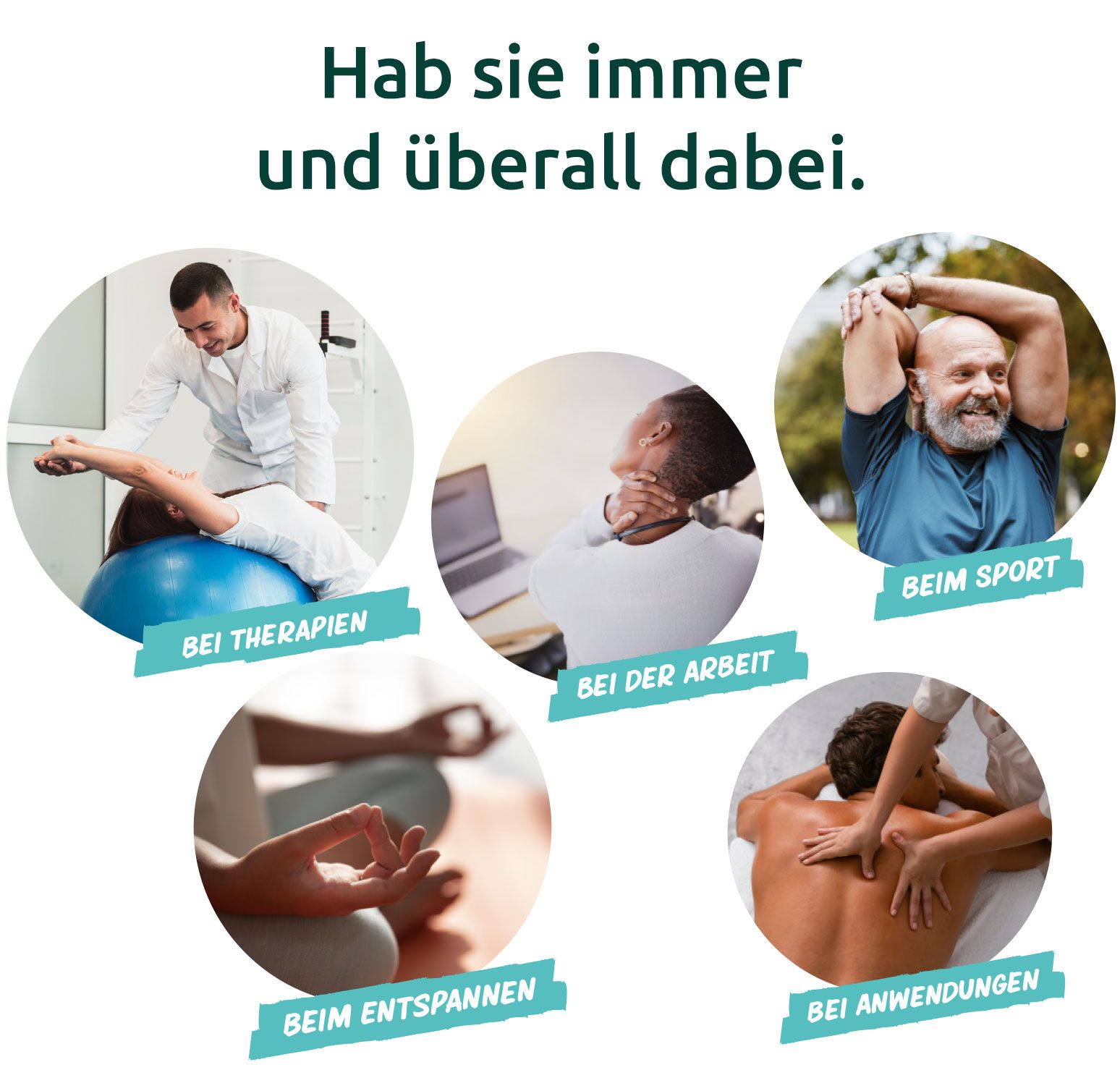 Verschiedene Szenen: Therapie, Arbeit, Sport, Entspannen, Anwendungen. Text: Hab sie immer und überall dabei.