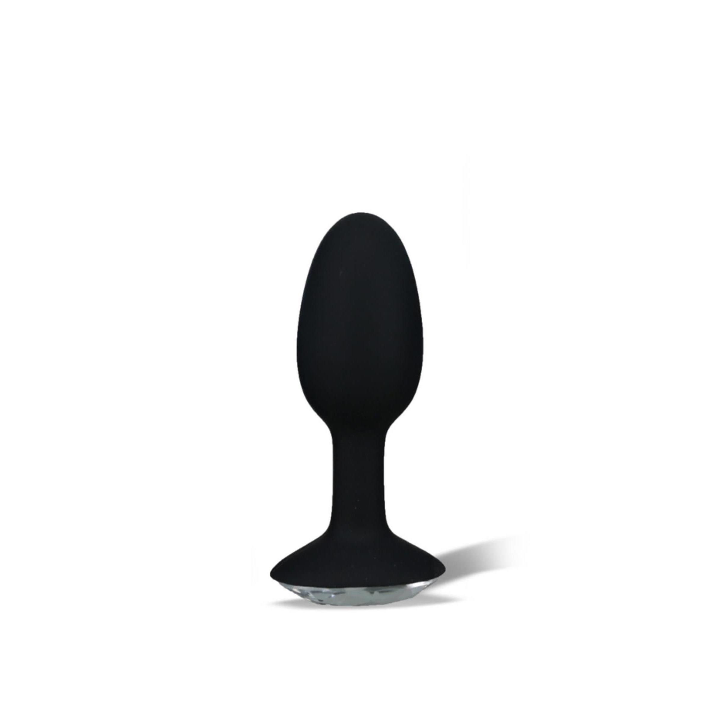 Schwarzer Silikon-Butt Plug mit Kristallbasis. Form: Tropfenförmig.
