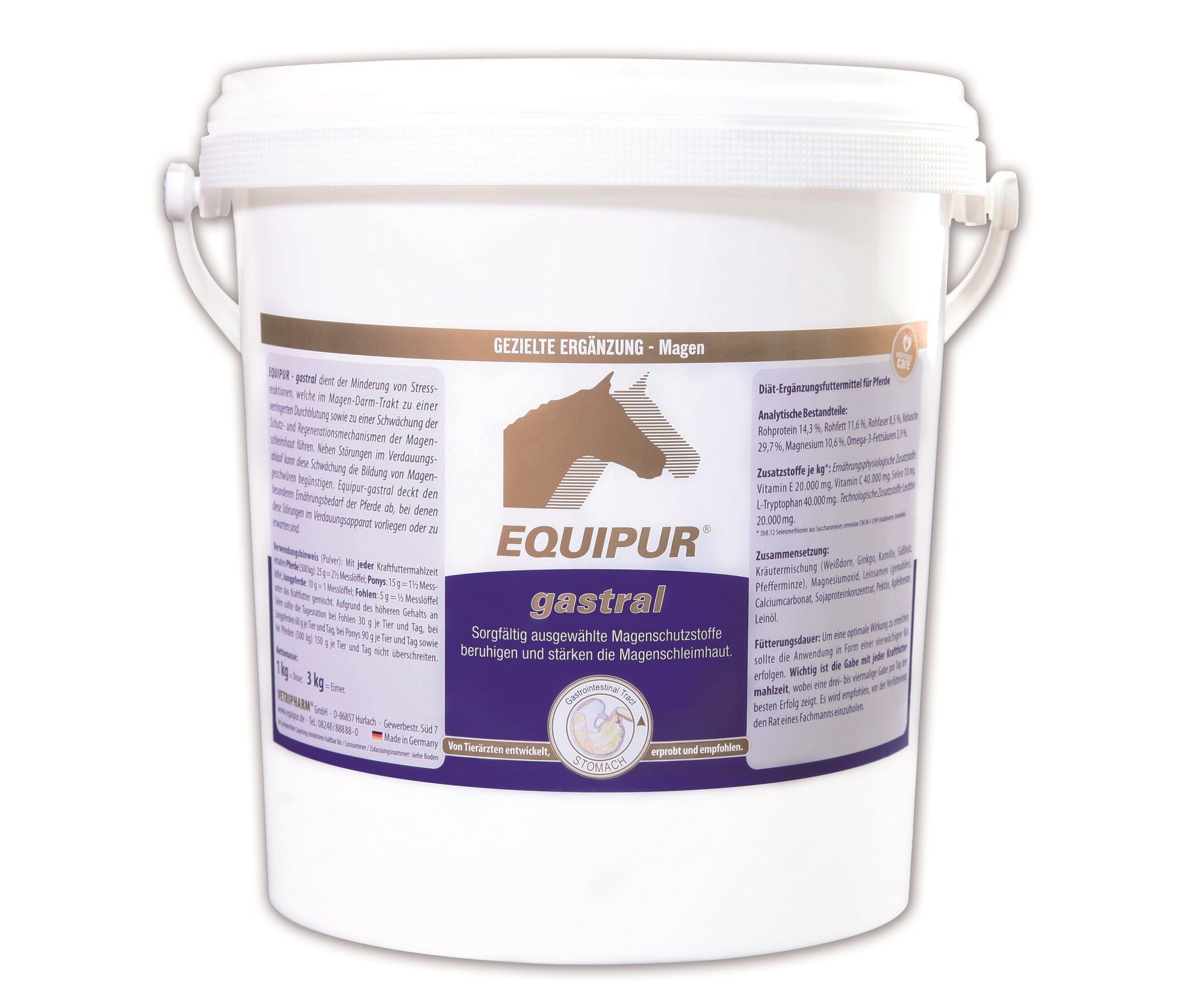 Weißer Eimer mit Griff. Aufschrift: EQUIPUR gastral. Braunes Pferd-Silhouette. Text in Deutsch.