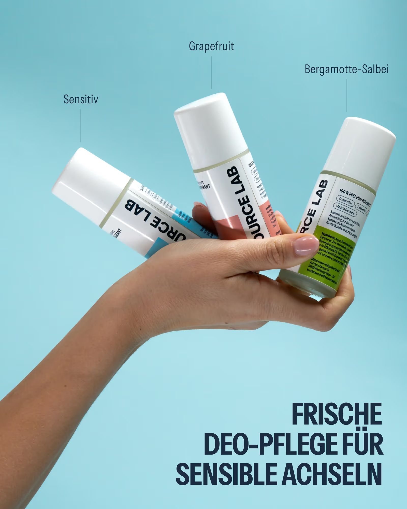 Drei SOURCE LAB Deodorant Roll-ons: Sensitiv, Grapefruit, Bergamotte-Salbei.