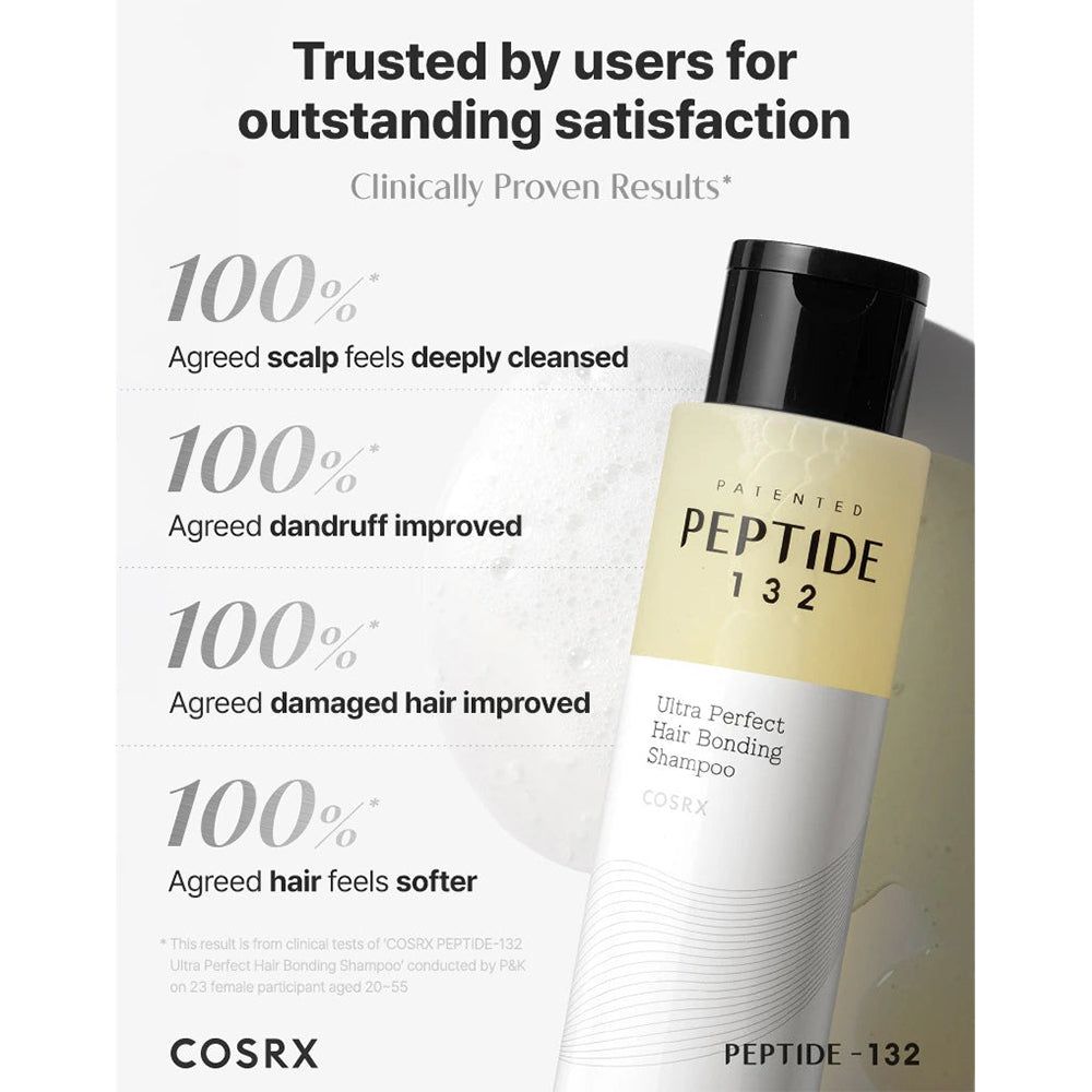 Shampoo-Flasche. Text: Peptide 132, Ultra Perfect Hair Bonding Shampoo. Ergebnisse: 100% Kopfhaut gereinigt, Schuppen verbessert.
