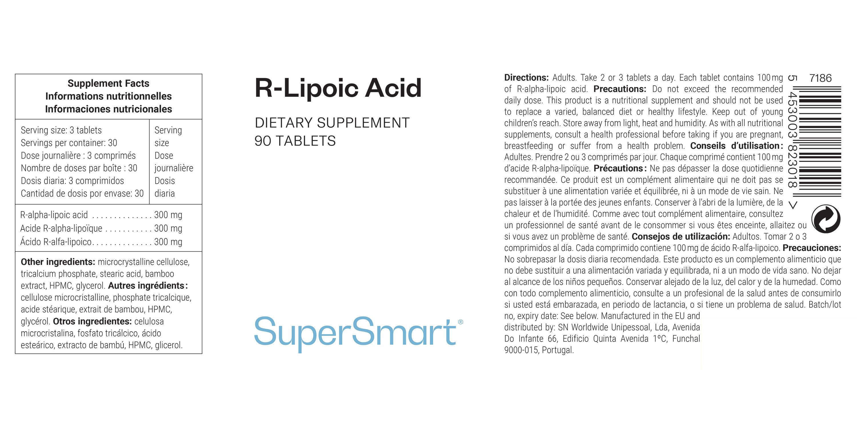 Etikett mit Informationen zu R-Liponsäure, 90 Tabletten. Marke SuperSmart. Nährwertangaben und Gebrauchsanweisung.