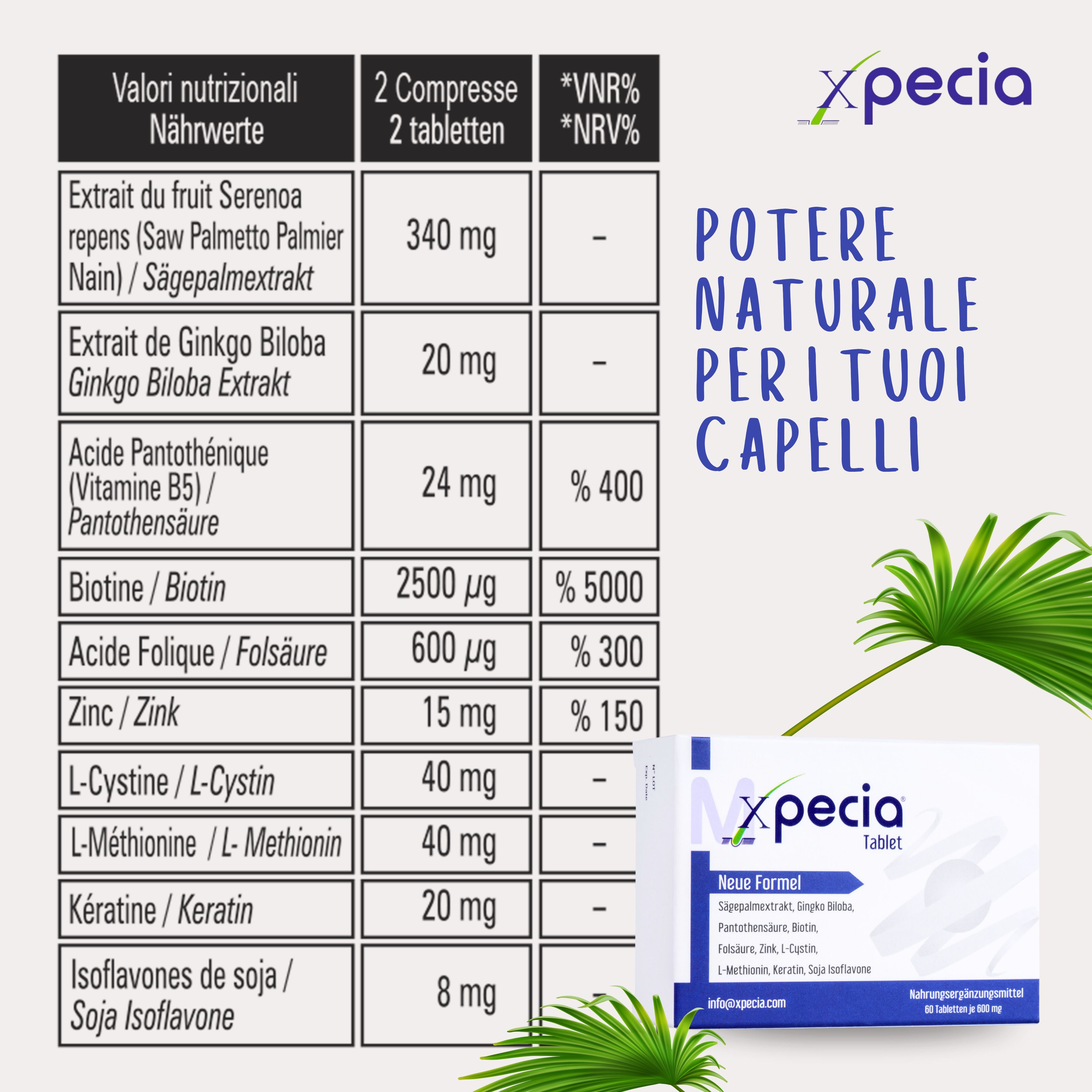 Tabella nutrizionale per le compresse Xpecia. Ingredienti e quantità. Testo: Potere naturale per i tuoi capelli.