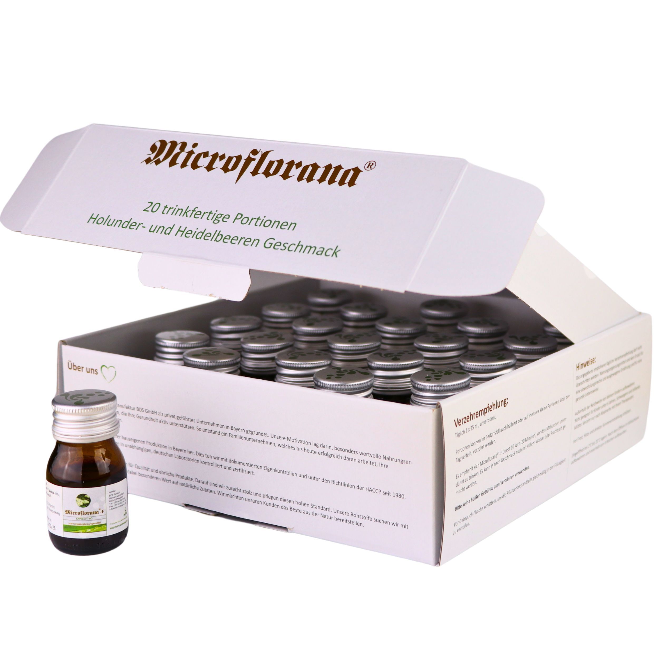 Geöffnete Schachtel mit 20 Trinkportionen. Daneben eine einzelne Flasche. Aufschrift: microflorana®.