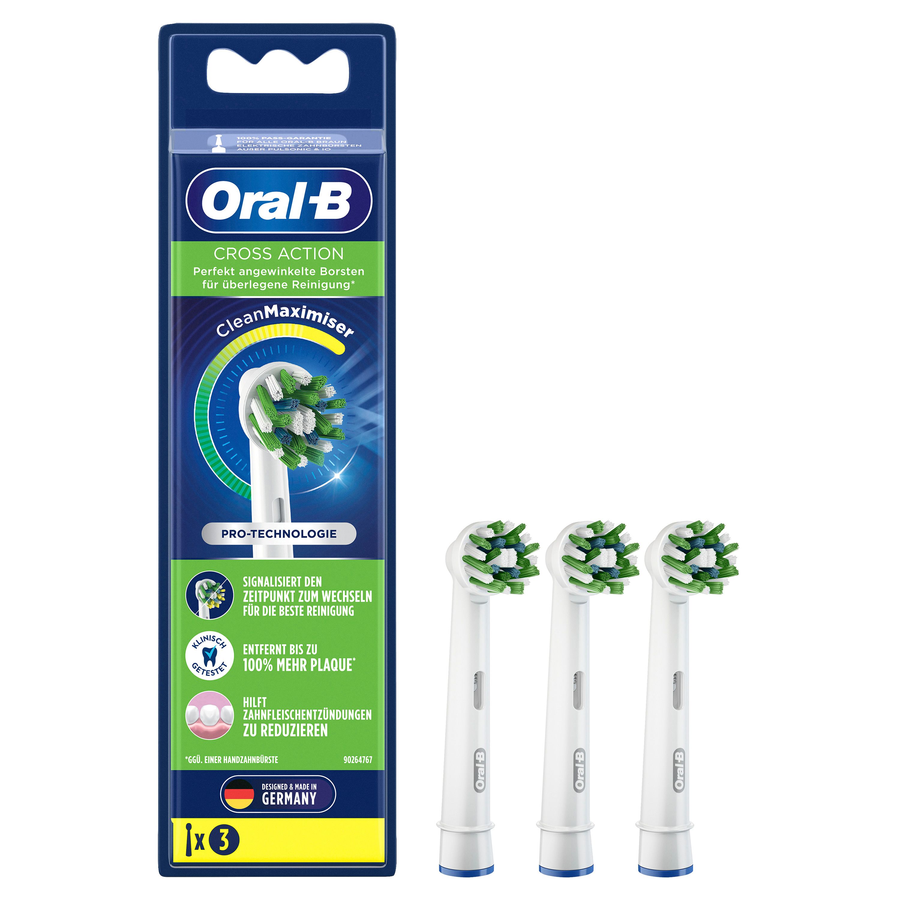 Oral-B CrossAction CleanMaximizer Aufsteckbürsten in Weiß. Verpackung mit 3 Bürsten und einer Packung. Grün-weiße Borsten, weißer Bürstenkörper.
