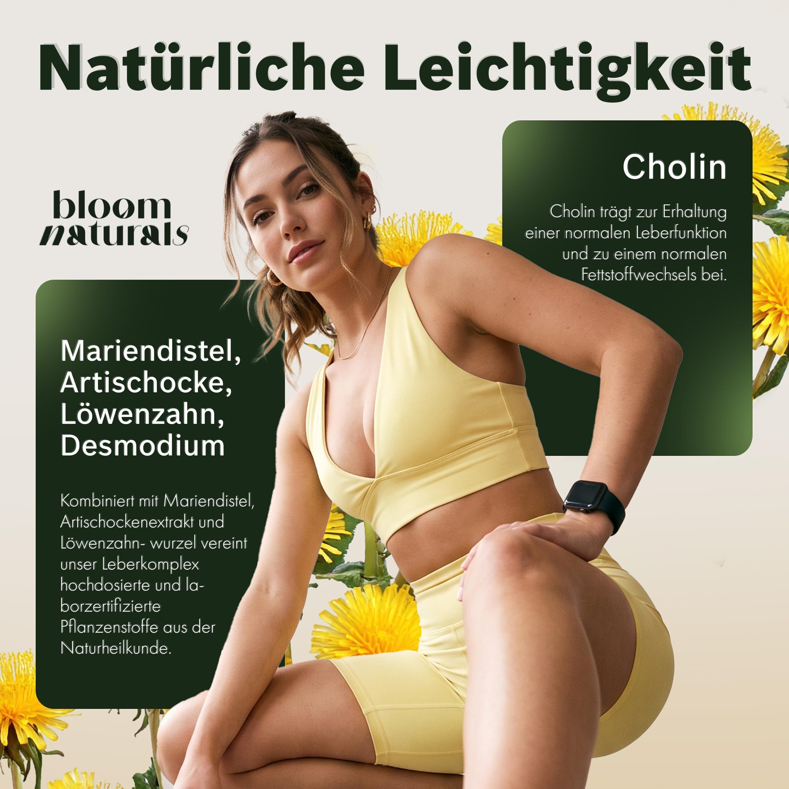 Junge Frau in Sportkleidung, umgeben von gelben Blumen. Text über Cholin und Leberfunktion.