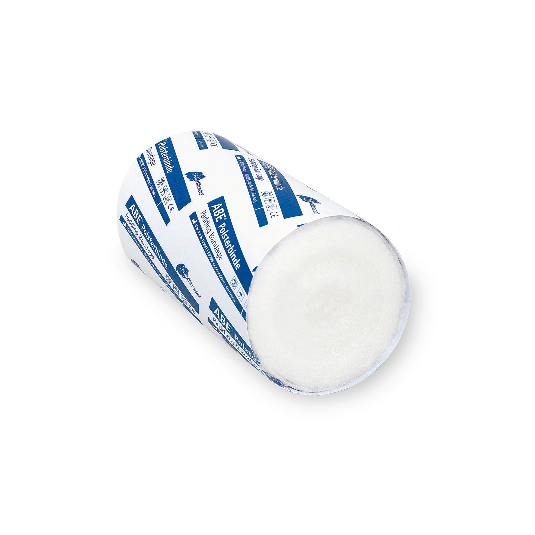 Rolle Polsterbinde, weiß, mit blauer Beschriftung. Aufschrift: ABE Polsterbinde, Padding Bandage. Unsteril.