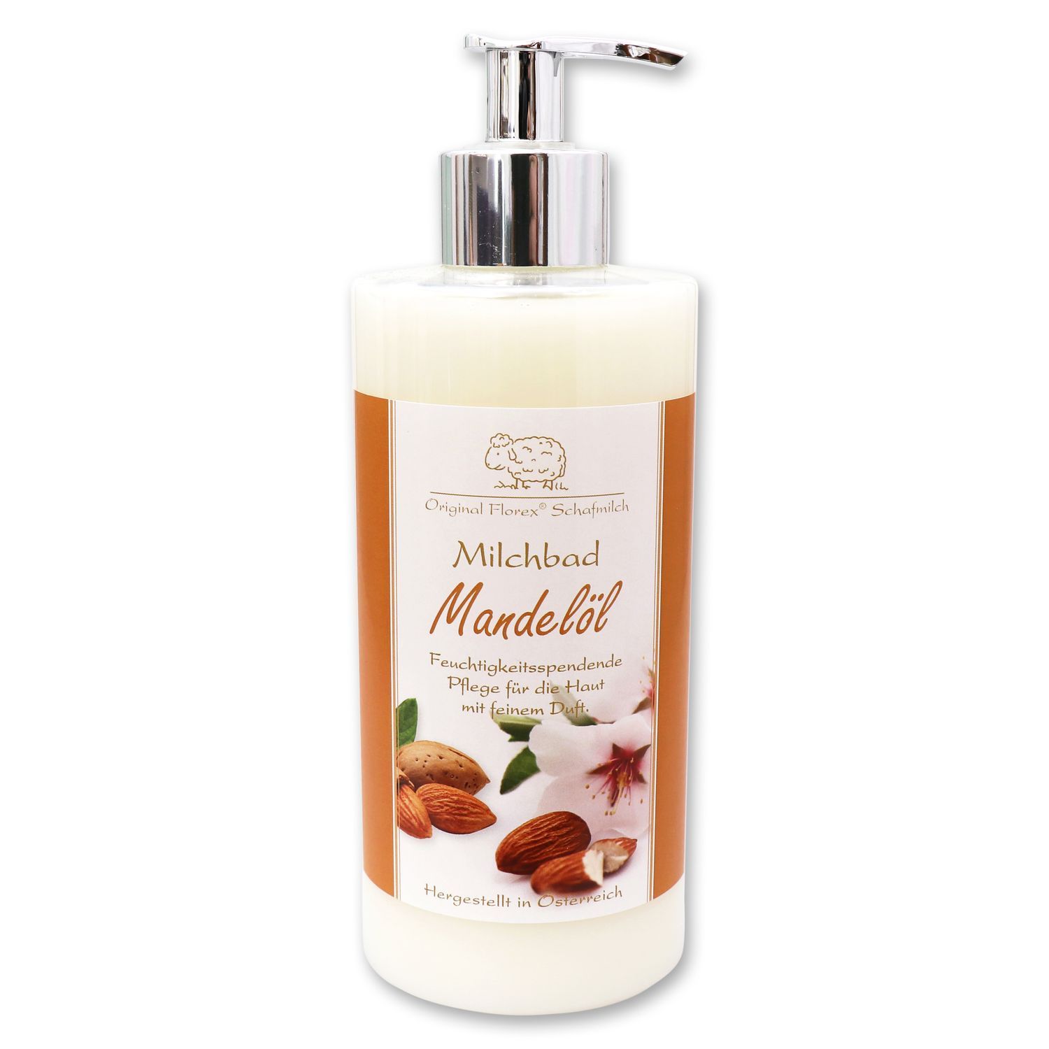 Flasche mit Milchbad Mandelöl. Etikett mit Produktname, Mandeln und Blüte. Silberner Pumpspender.