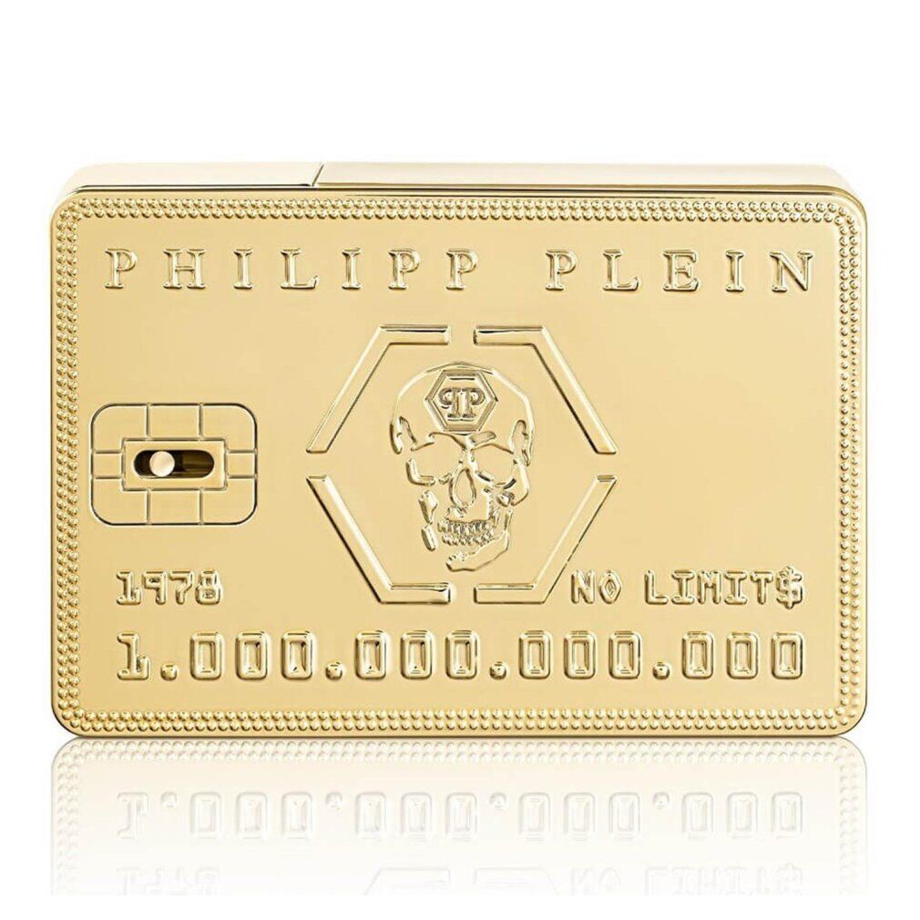 Goldfarbene Parfumflasche Philipp Plein No Limit$. Rechteckige Form, Kreditkarten-Design mit Logo und Schriftzug.